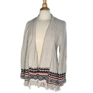 Style & Co Boho Bohemian Western Print Open Front Cardigan Fringe Bottom Detail